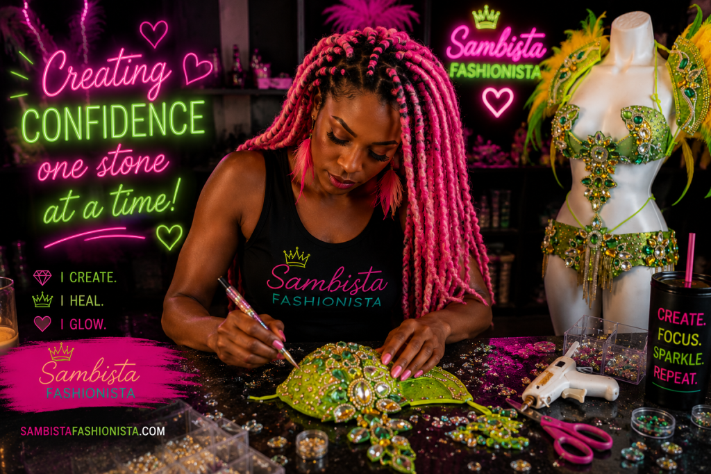 A woman with pink braided hair is crafting a costume adorned with colorful stones at a work table. Neon signs in the background promote confidence and creativity. The setting includes tools and materials for embellishing the costume.